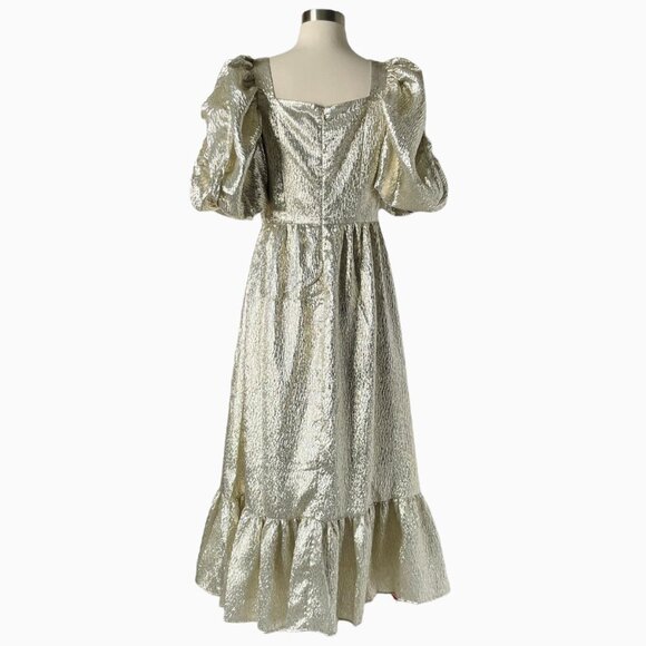 Loeffler Randall Elisa Puff Sleeve Gold Midi Evening Dress Size 4 - Picture 4 of 10